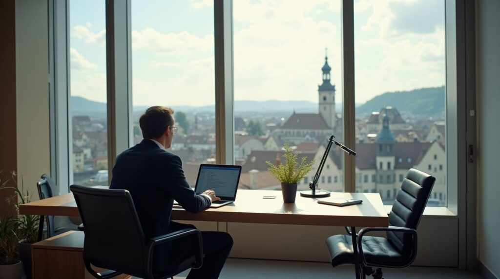 investor is analyzing financial data in an office overlooking the Swiss financial district, representing FinSA client classifications