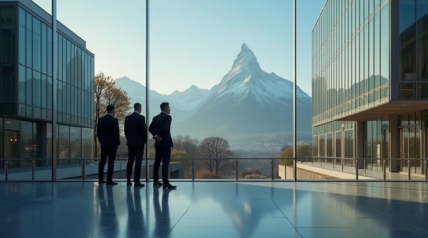 Modern Swiss bank building with the Swiss flag and Alps in the background, symbolizing how to choose a reliable Swiss bank with a focus on stability and security