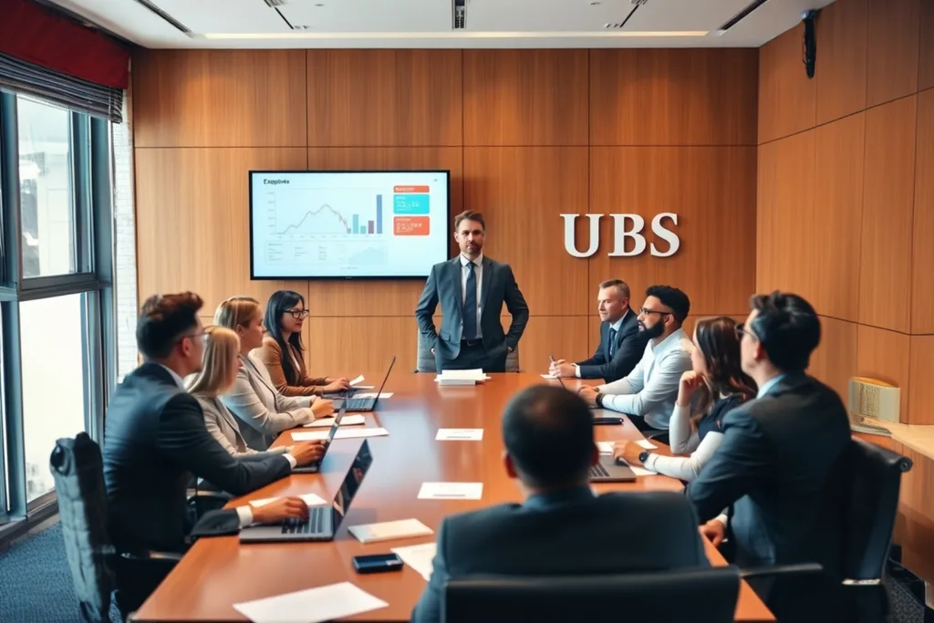 A professional sharing updates on Swiss banks' credit ratings inside a modern Swiss bank office.
