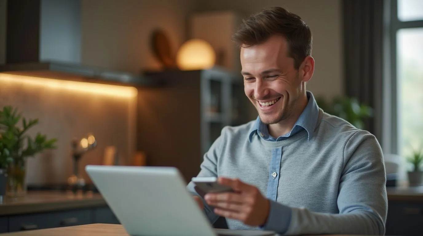 Man opening a Swiss bank account online remotely via video identification on a laptop — non-resident digital onboarding process