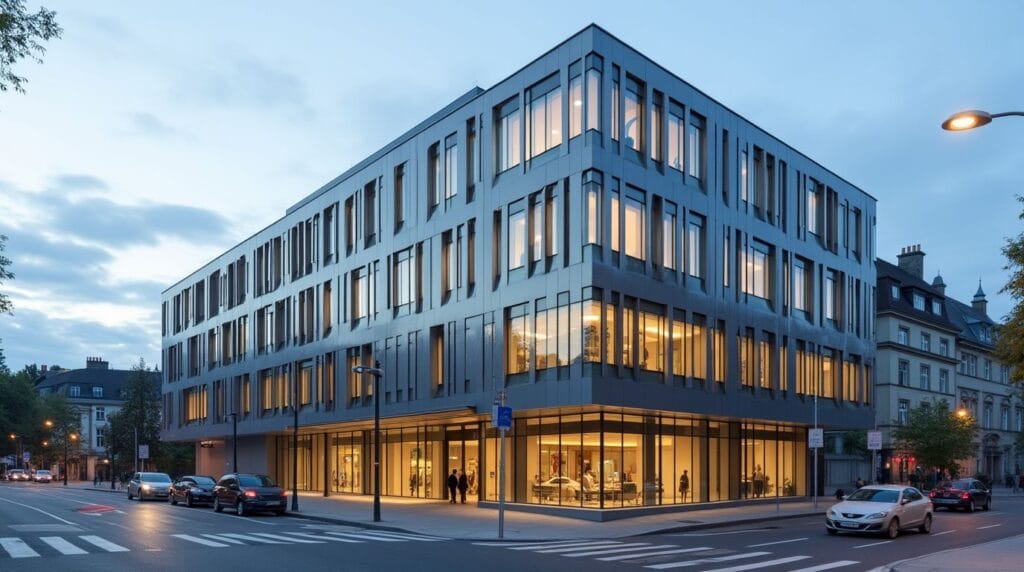 Modern and architecturally interesting cantonal bank building in Switzerland. Represents the professionalism and modernity of Swiss banking institutions.