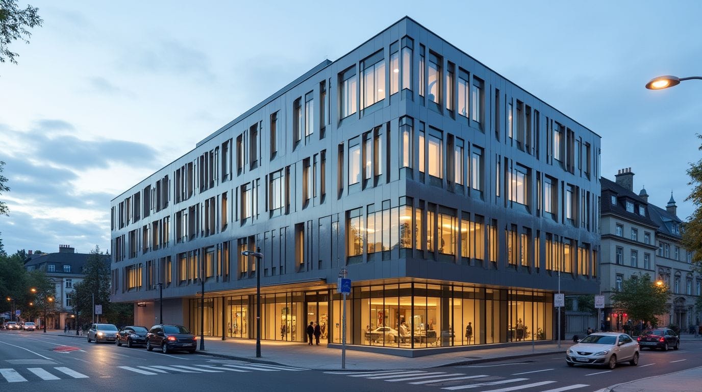 Modern and architecturally interesting cantonal bank building in Switzerland. Represents the professionalism and modernity of Swiss banking institutions.