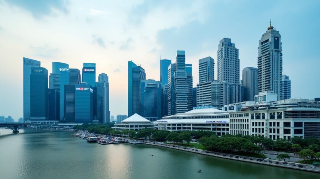 History of the banking system in Singapore: Modern skyline of Singapore's financial district, featuring prominent banks like DBS, OCBC, and UOB.