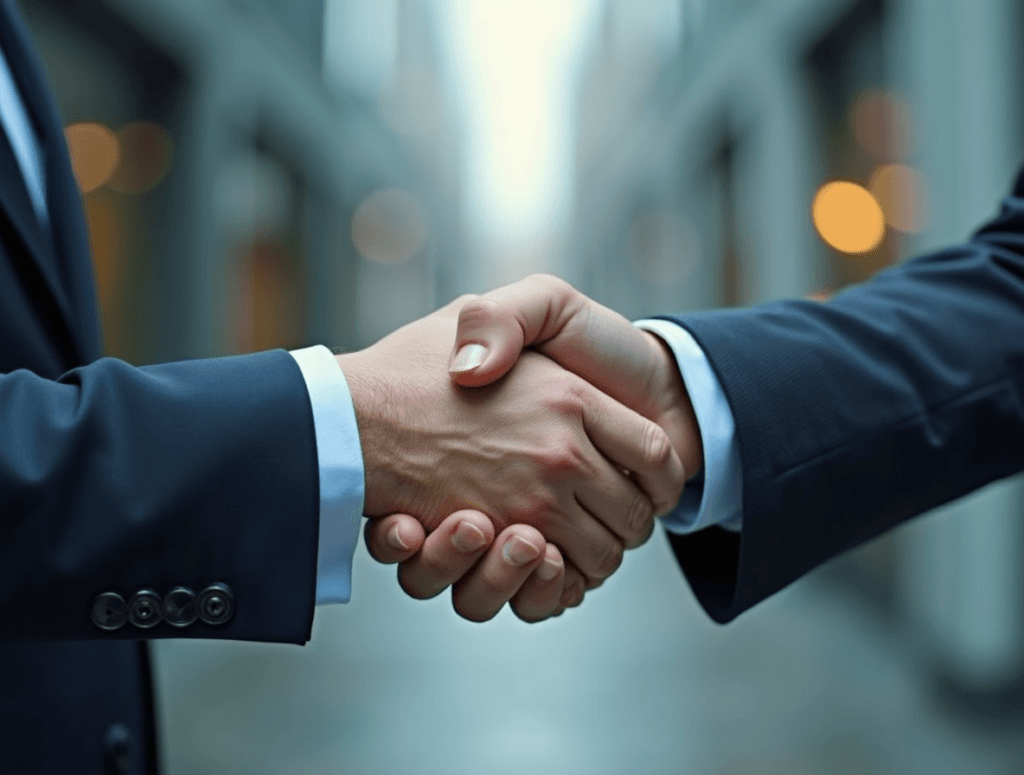 Handshake symbolizing the strategic partnership between Hypothekarbank Lenzburg and Sutor Bank, representing collaboration in Banking-as-a-Service and Embedded Finance across Europe.