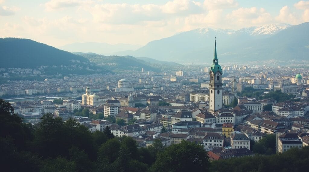 Scenic view of the Swiss Alps with Zurich’s financial district in the foreground, embodying the stability and legacy of Swiss banking.