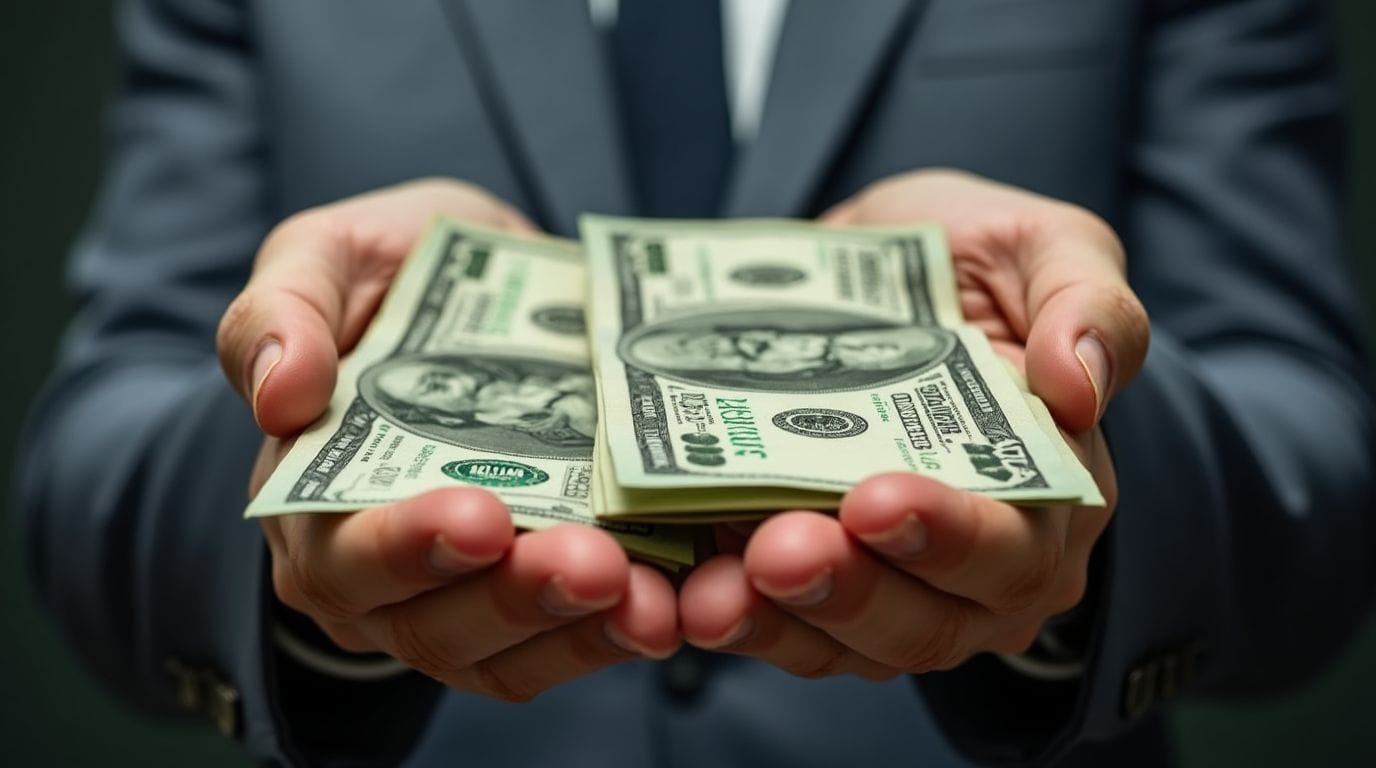 Investor holding a stack of dollar bills in front of UBS Bank, symbolizing Swiss bank minimum deposit requirements for non-residents.