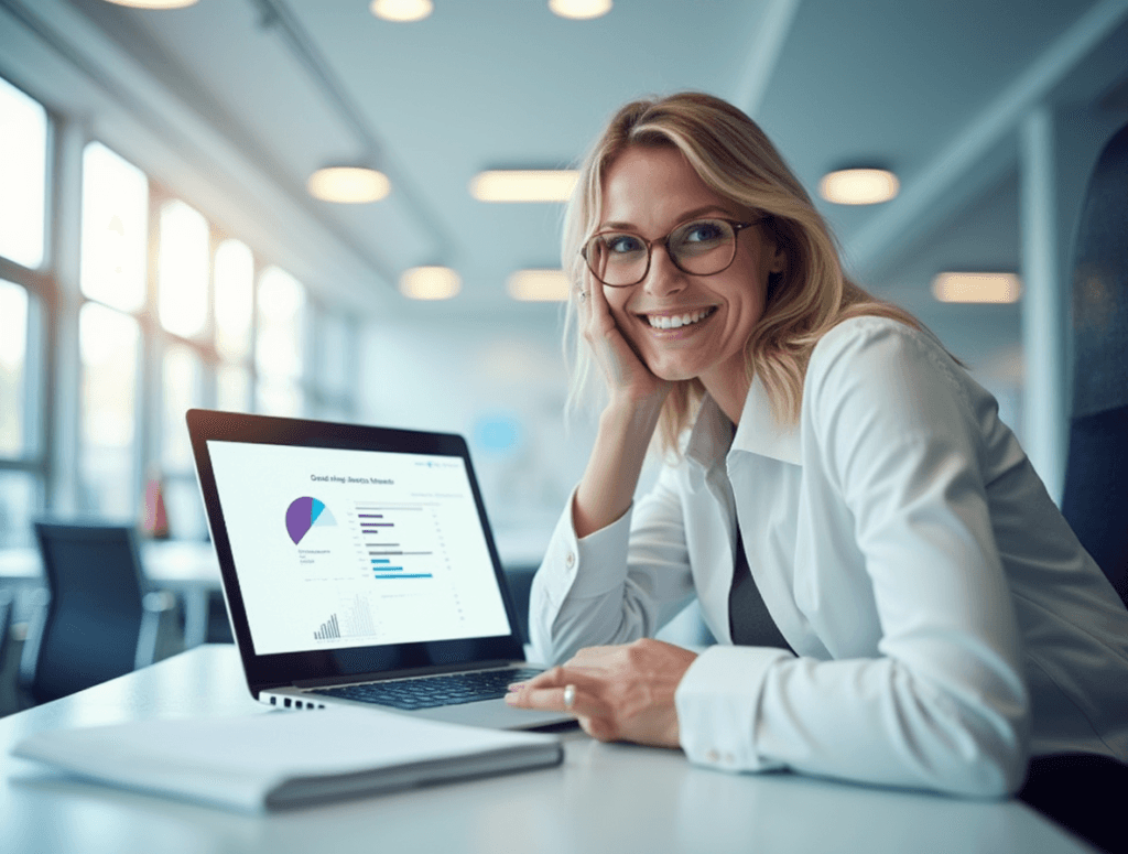 Lady presenting Swiss Banking Trends 2025 on a computer screen during a financial webinar.