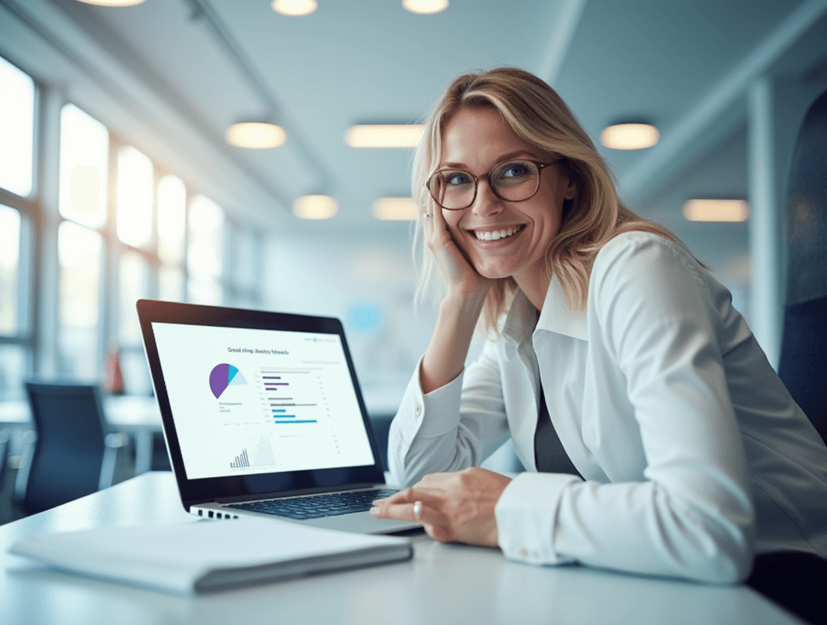 Lady presenting Swiss Banking Trends 2025 on a computer screen during a financial webinar.