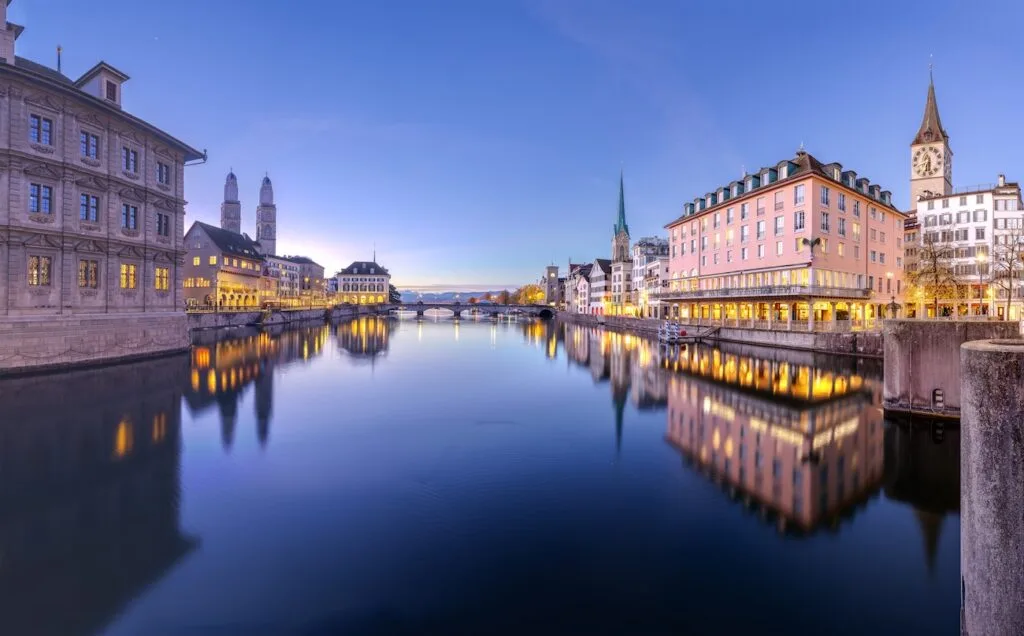 Swiss private banking and retail banking in Zurich, Switzerland on the Limmat River.