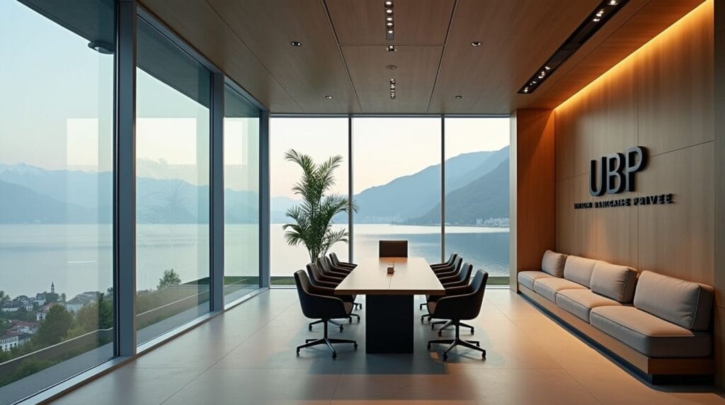 Union Bancaire Privée office overlooking Geneva with UBP logo, representing Swiss private banking excellence