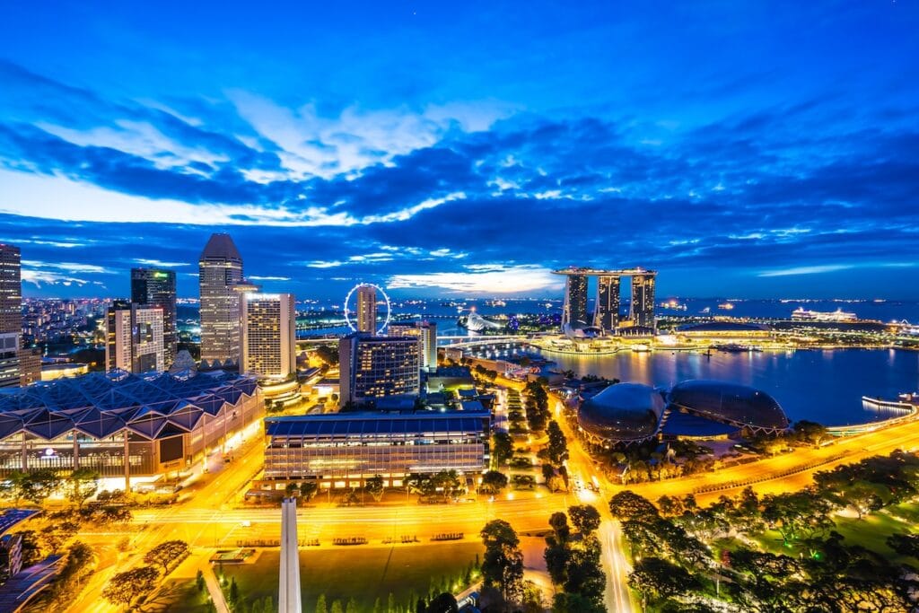 Beautiful architecture and building exterior in Singapore city, a key destination for non-residents opening bank accounts.