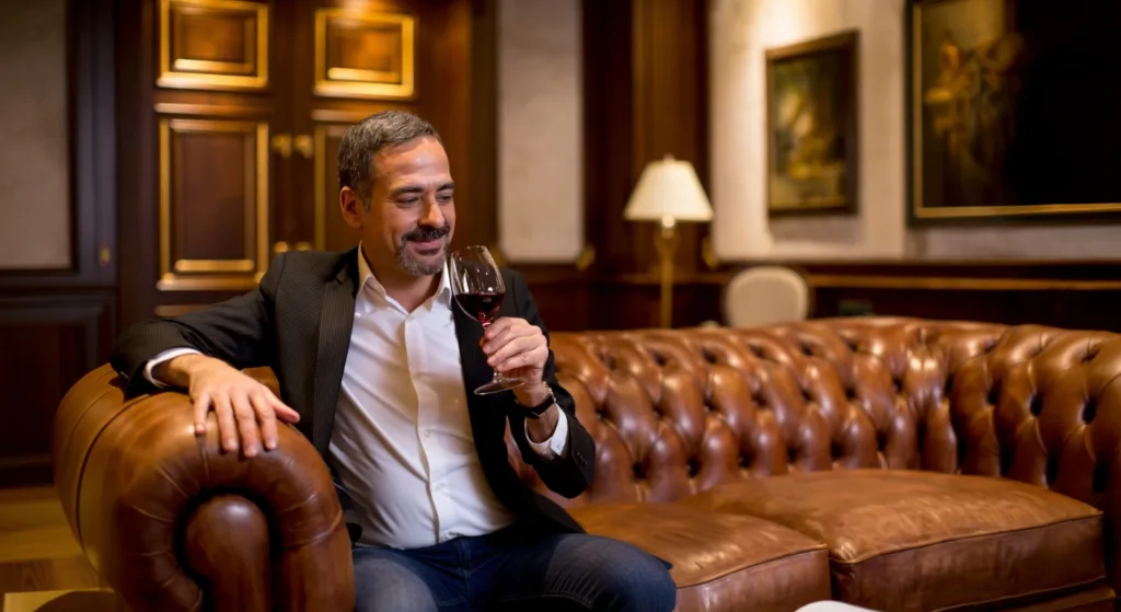 A Latin American high-net-worth individual enjoying wine in the luxurious office of Bordier Bank, Singapore, highlighting the sophistication of offshore banking services.