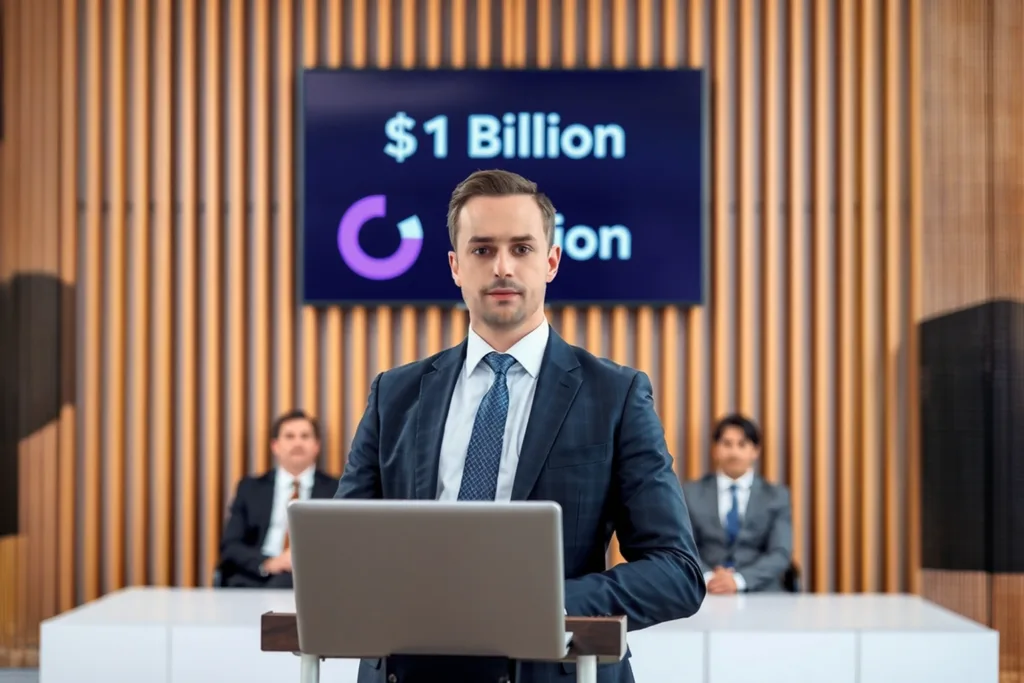 Sygnum Bank representative delivering a presentation celebrating the company’s new USD 1 billion valuation milestone