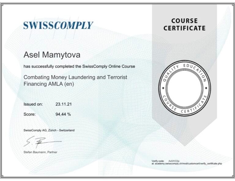 SwissComply AG certificate of successful completion, Combating Money Laundering and Terrorist Financing (AMLA) course, awarded to Asel Mamytova on 23 November 2021 with a score of 94.44%