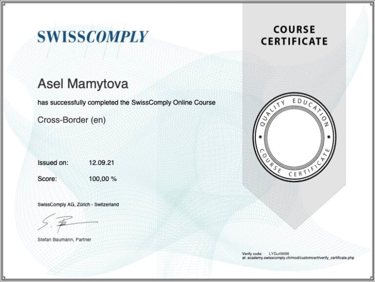 SwissComply AG certificate of successful completion, Cross-Border course, awarded to Asel Mamytova on 12 September 2021 with a score of 100%