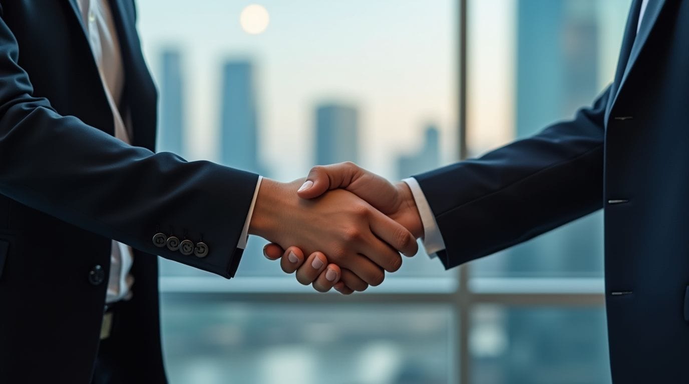 Business professionals shaking hands in a corporate office, symbolizing Edmond de Rothschild's acquisition of Hottinger & Co.