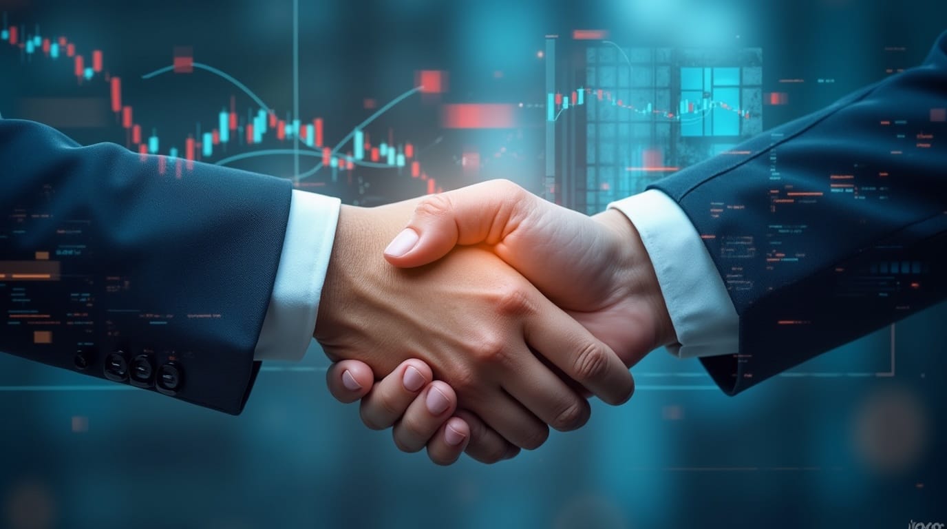 Representatives of J. Safra Sarasin and Saxo Bank shaking hands, with digital financial charts in the background symbolizing the high-stakes acquisition in European finance.