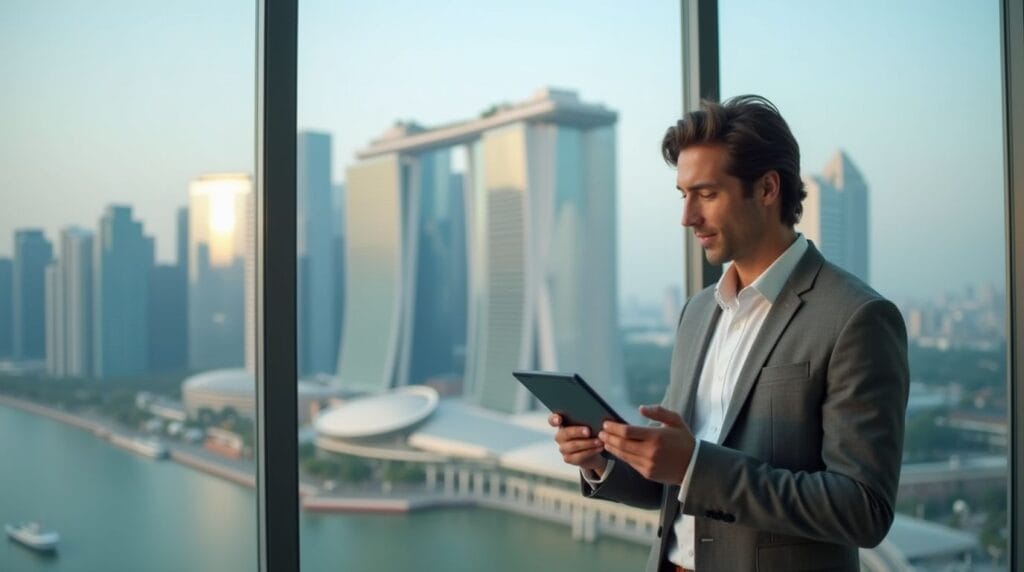 Finding the best banks in Singapore for foreigners - person using tablet with Singapore skyline in background