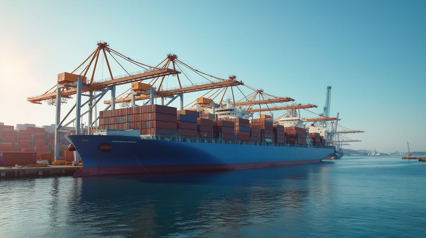 Cargo ships and stacked containers at a busy port, symbolizing global trade, logistics, and the role of Swiss banks for international trade in managing financial challenges.