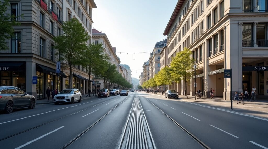 A sleek, modern view of Bahnhofstrasse in Zurich, highlighting the Liechtensteinische Landesbank Zurich relocation to this prestigious financial district.