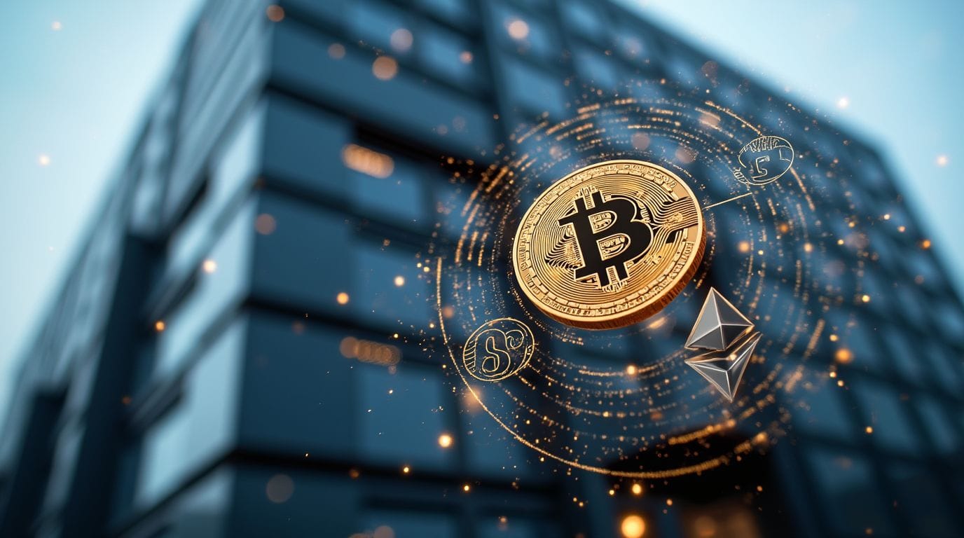 Swiss bank building with cryptocurrency symbols overlay, representing Swiss crypto banks