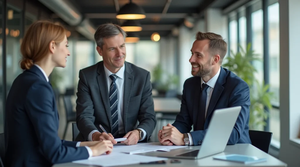 A modern office scene featuring Deutsche Bank’s Swiss leadership team