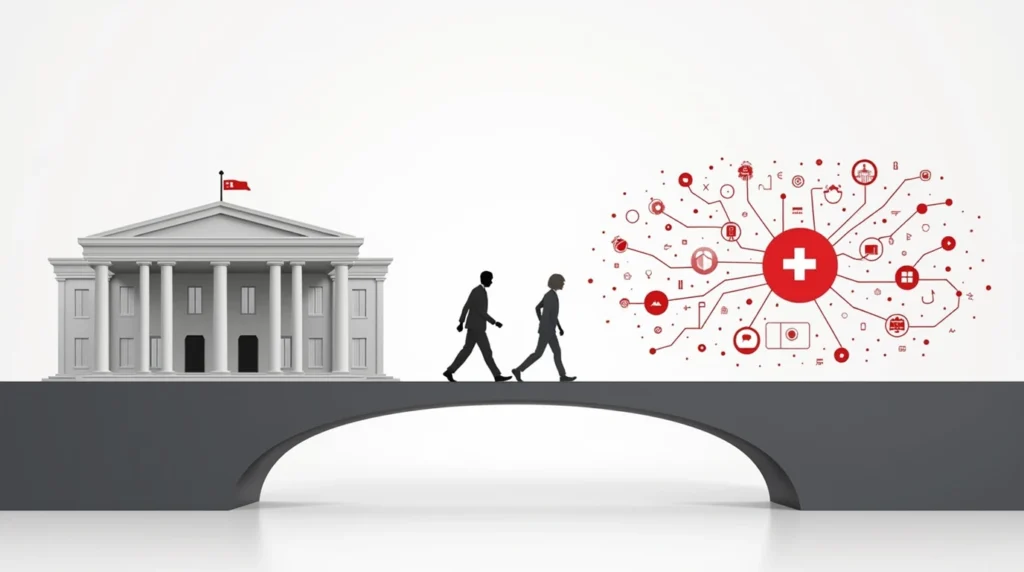 Illustration of modern bridge connecting traditional Swiss bank building and digital network, symbolizing choices for a business bank account in Switzerland