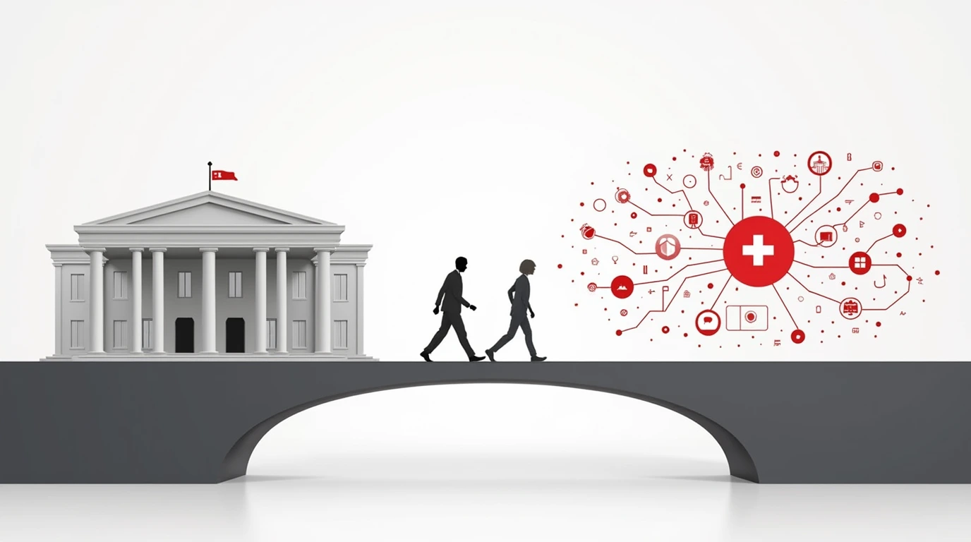Illustration of modern bridge connecting traditional Swiss bank building and digital network, symbolizing choices for a business bank account in Switzerland