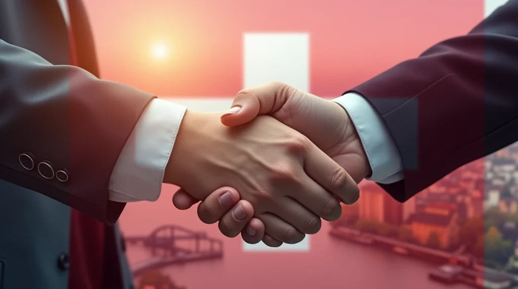 Handshake over a Swiss cityscape symbolizing the CA Indosuez Bank Thaler acquisition.