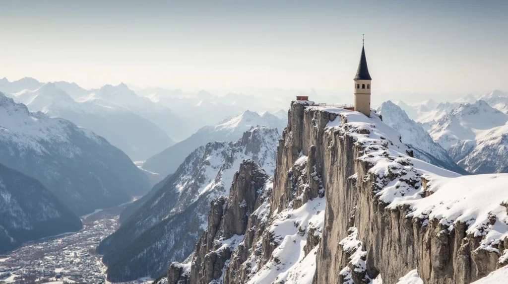 Castle perched atop a snow-covered mountain peak, symbolizing Swiss stability and banking strength.
