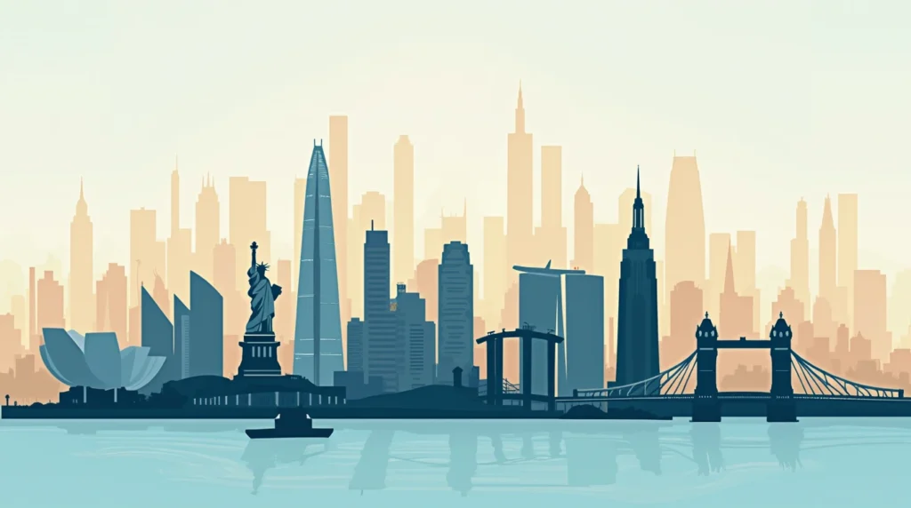 Silhouettes of world landmarks representing the top wealth management jurisdictions in 2025
