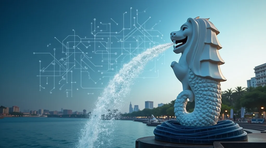 Merlion statue with digital tech overlays representing current Singapore banking trends.