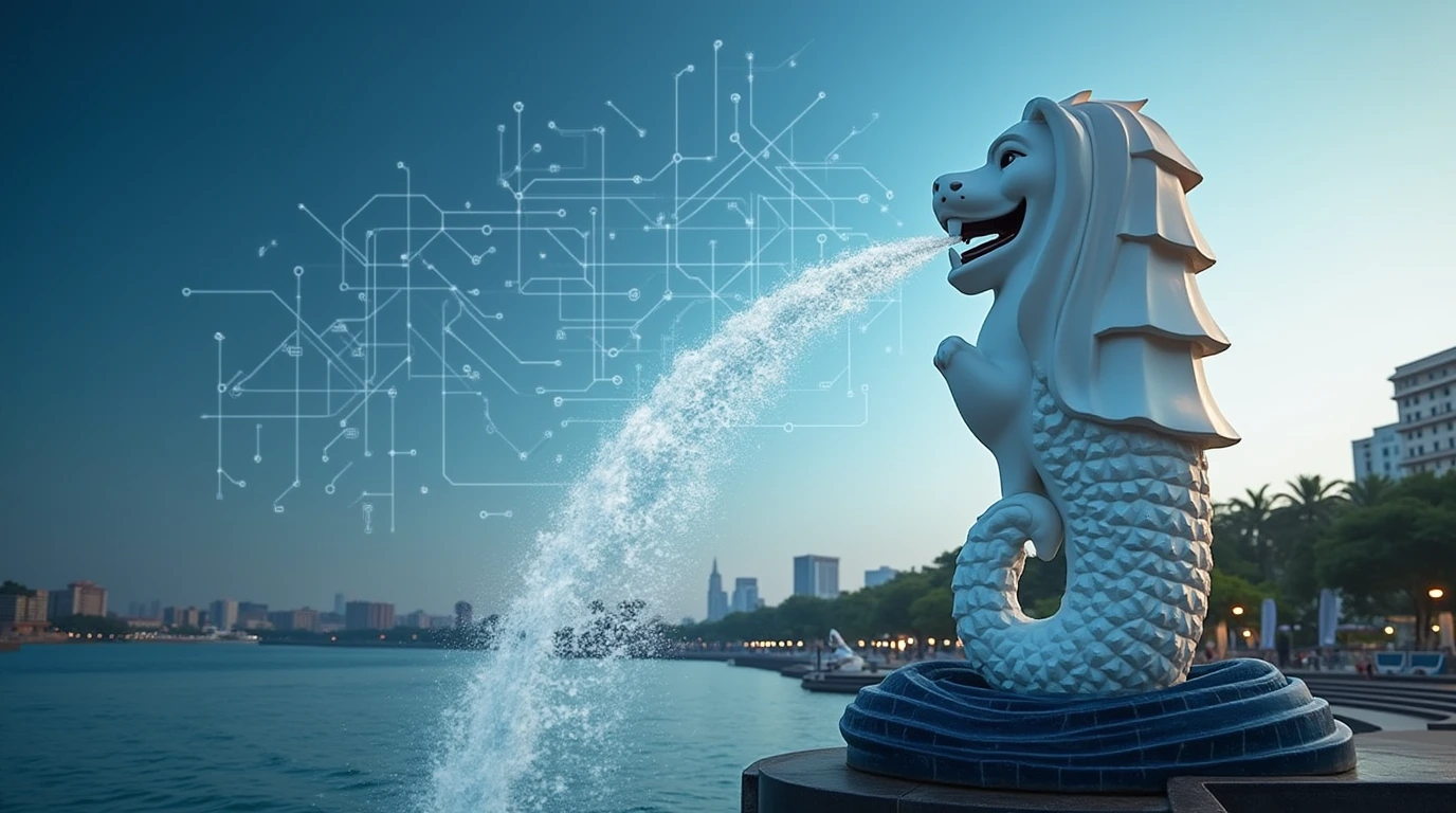Merlion statue with digital tech overlays representing current Singapore banking trends.