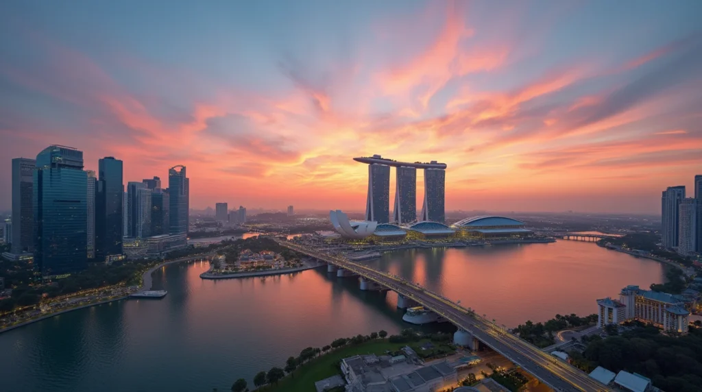 Singapore financial district skyline at sunset, representing the city’s role as Asia’s top private banking and wealth management hub in 2025