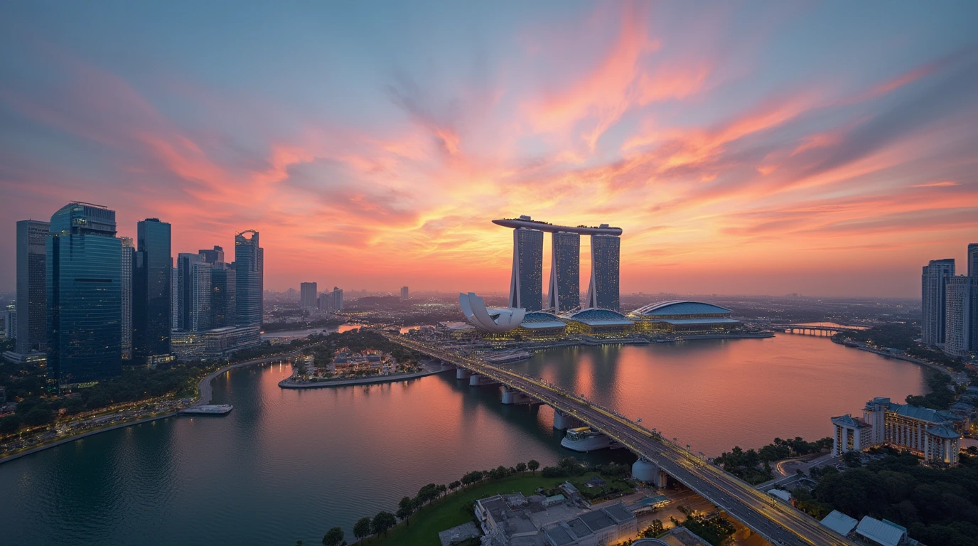 Singapore financial district skyline at sunset, representing the city’s role as Asia’s top private banking and wealth management hub in 2025