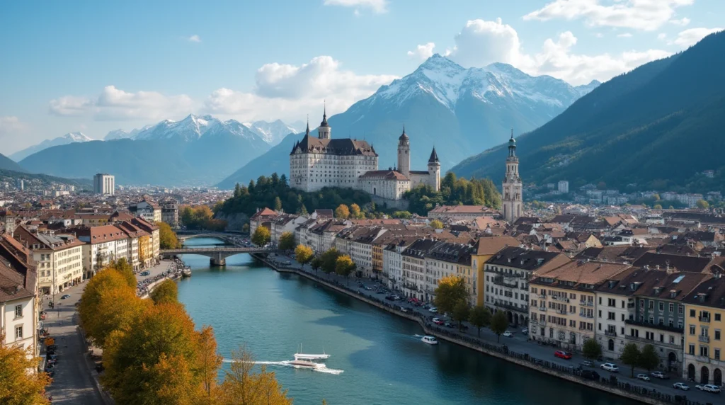 Swiss and Liechtenstein banking icons with Alps background