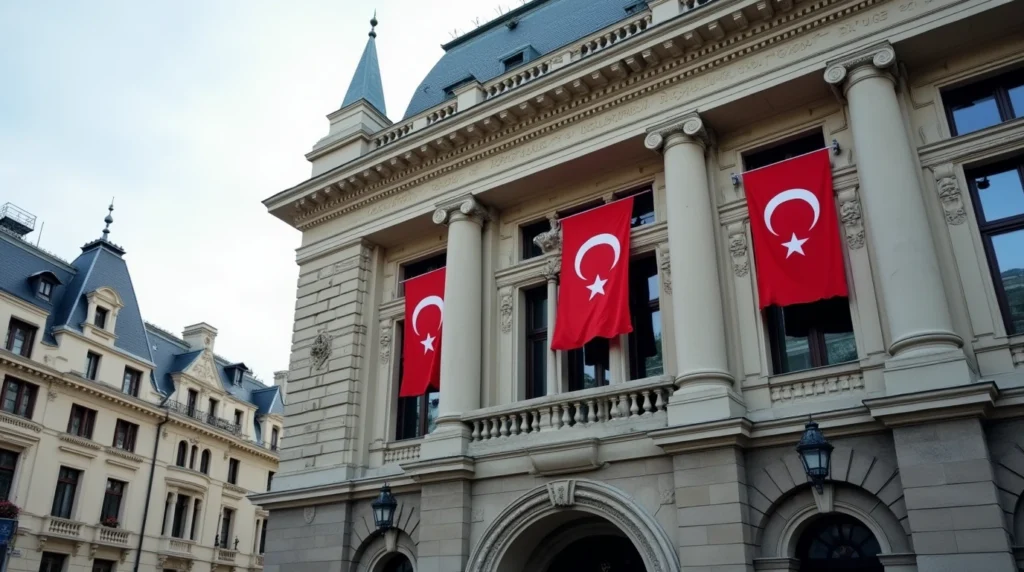 Swiss bank account for Turkish clients - a historic Swiss bank building with integrated symbols of the Turkish flag, symbolising secure and compliant wealth management.
