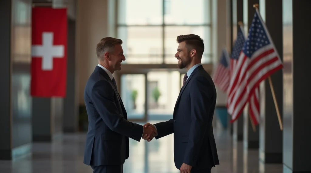 A modern Swiss banking hall with the Swiss flag in the background, where a businessperson (representing a wealthy American client) is shaking hands with a Swiss banker.