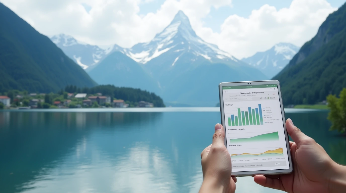 Modern digital banking app on phone screen foregrounded against iconic Swiss Matterhorn peak, illustrating Swiss Cantonal Banks' future-forward approach.