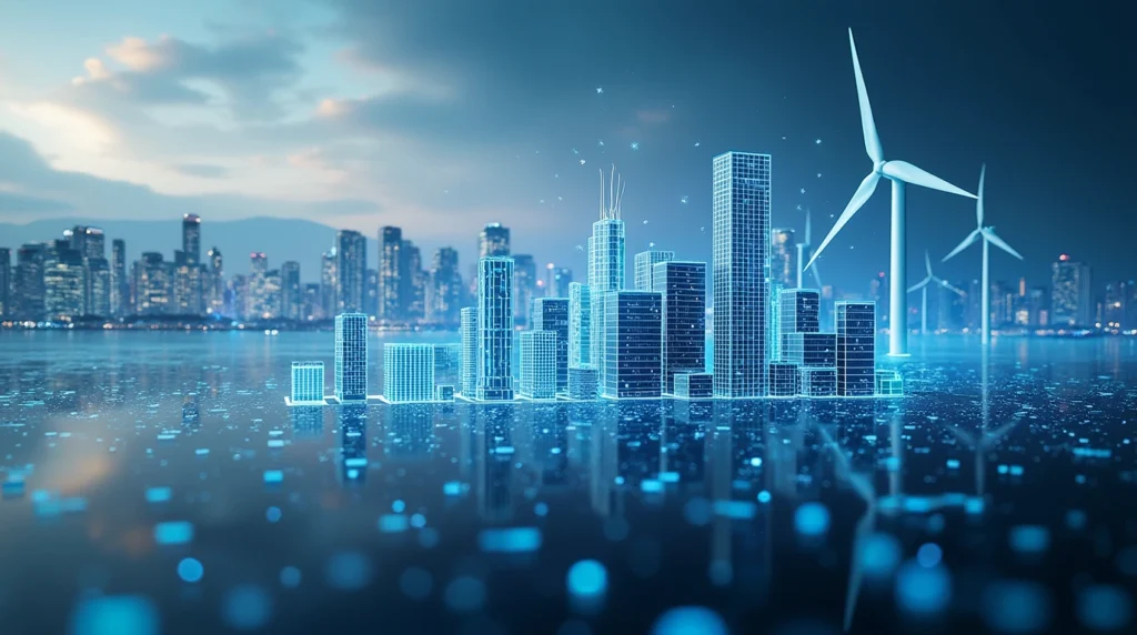 Dynamic view of Swiss Economic Resilience featuring Zurich’s modern skyline, digital circuit overlays, and renewable energy installations like solar panels and wind turbines.