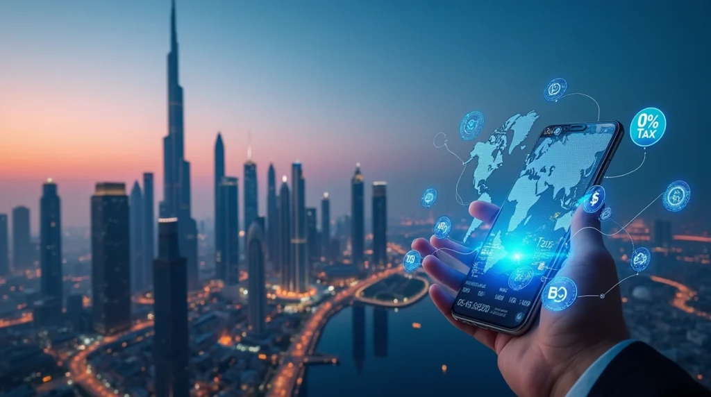 Dubai skyline with DIFC towers, digital banking icons, and 0% tax badge representing remote tax-free banking in 2025