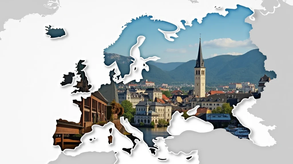 Collage of Swiss, Luxembourg and Liechtenstein banking districts over a map of Europe, illustrating the 2025 European private-banking comparison