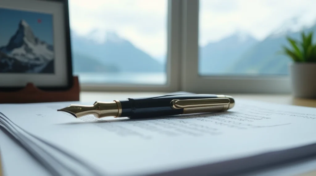Fountain pen resting on official documents, symbolizing the complexities of Swiss bank inheritance, with a subtle Swiss landscape element in the background
