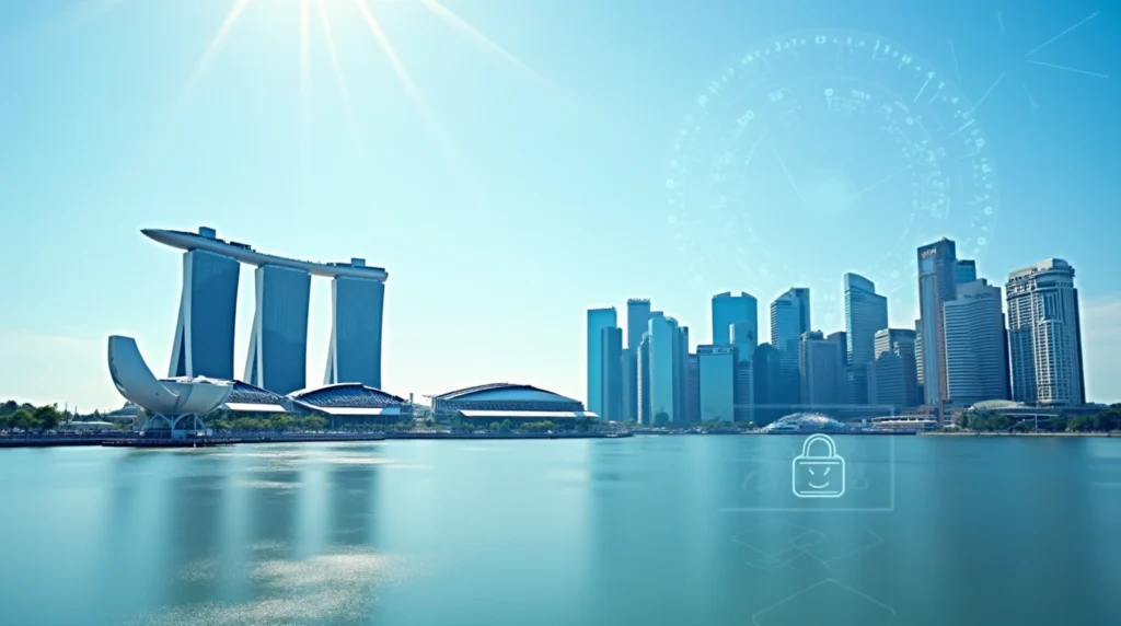 Bright Singapore skyline with banking icons overlay, illustrating how to open bank account Singapore US citizen.