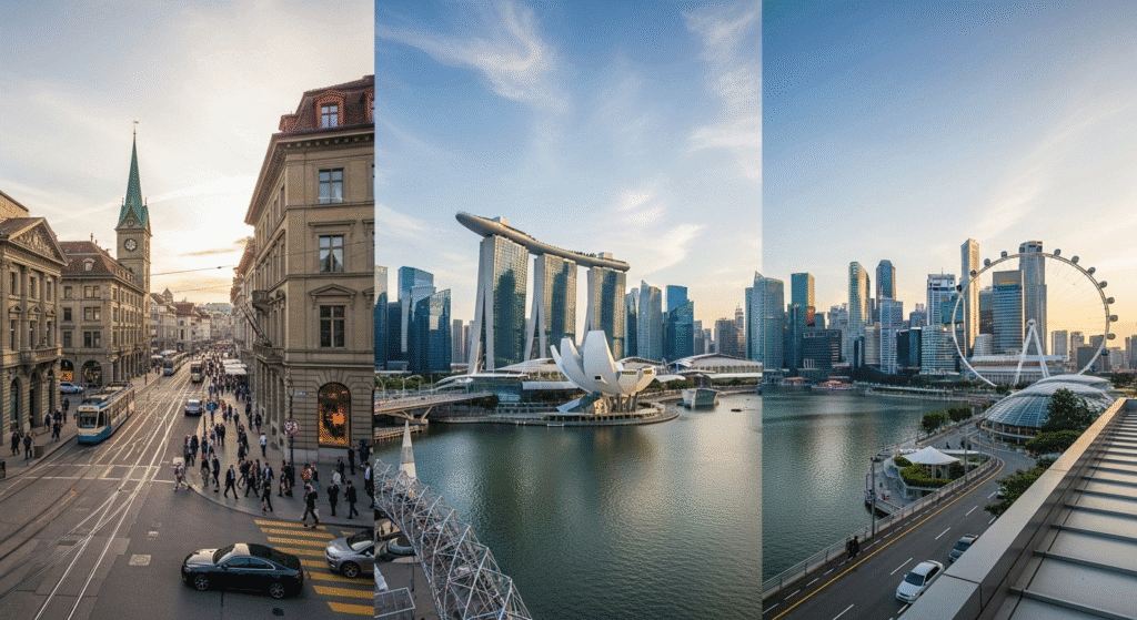 Paradeplatz in Zurich, Marina Bay Sands in Singapore, and the DIFC skyline in Dubai representing major offshore banking centers