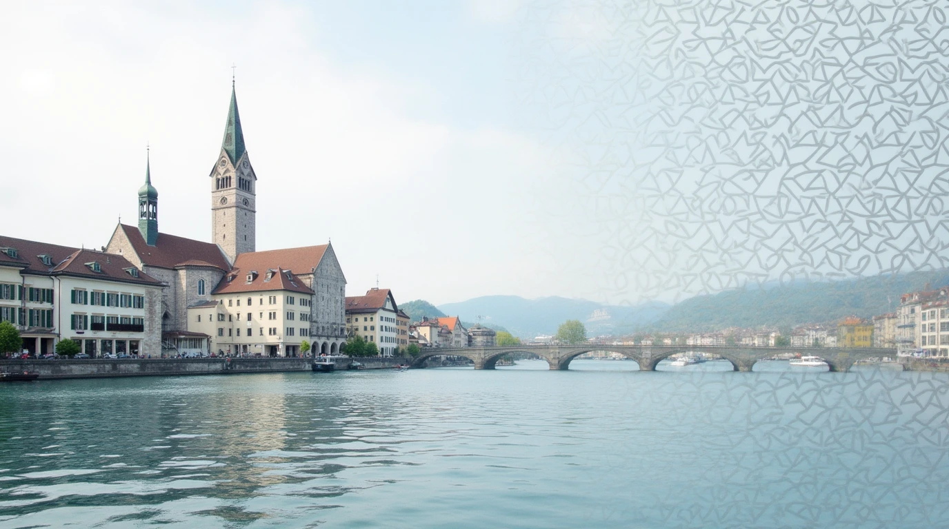 Zurich Fraumünster church with abstract geometric overlay, representing Islamic wealth management Zurich.