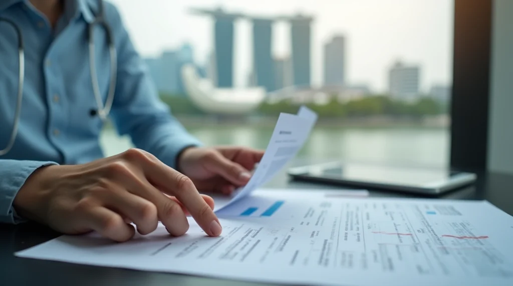 Expert hands guiding a client through legal documents for Singapore foreign bank inheritance, with Singapore city elements in the background.