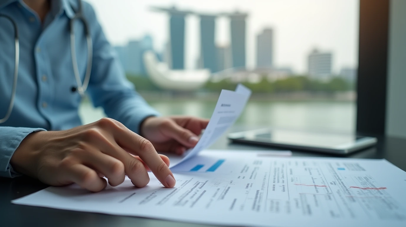 Expert hands guiding a client through legal documents for Singapore foreign bank inheritance, with Singapore city elements in the background.