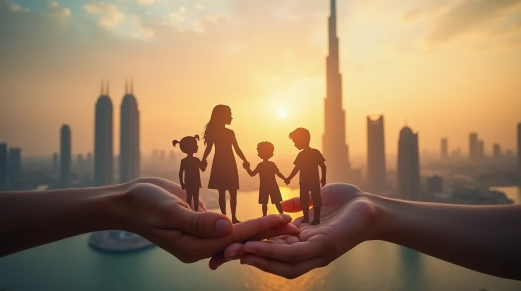 Generational hands holding a document, symbolizing secure planning for UAE inheritance bank accounts, with a faint UAE skyline including the Burj Khalifa in the background.