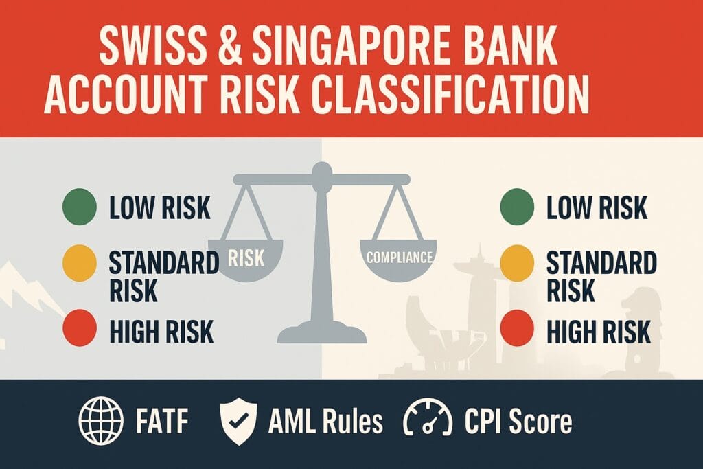 Wide infographic comparing Swiss and Singapore bank-account risk levels. Headline reads ‘Swiss & Singapore Bank Account Risk Classification’. Left half shows Swiss Alps outline with low-, standard-, and high-risk labels in green, amber, and red. Right half mirrors ladder against a Singapore skyline silhouette. A central balance scale illustrates risk versus compliance, and bottom icons depict FATF, AML rules, and CPI score.